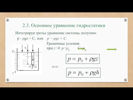 2.3. Основное уравнение гидростатики Интегрируя третье уравнение системы, получим: р - ρgz =