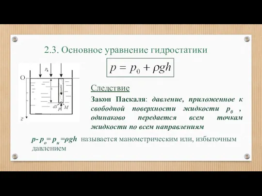 2.3. Основное уравнение гидростатики Следствие Закон Паскаля: давление, приложенное к свободной поверхности жидкости
