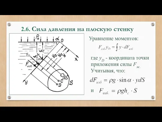 2.6. Сила давления на плоскую стенку Уравнение моментов: где yD - координата точки