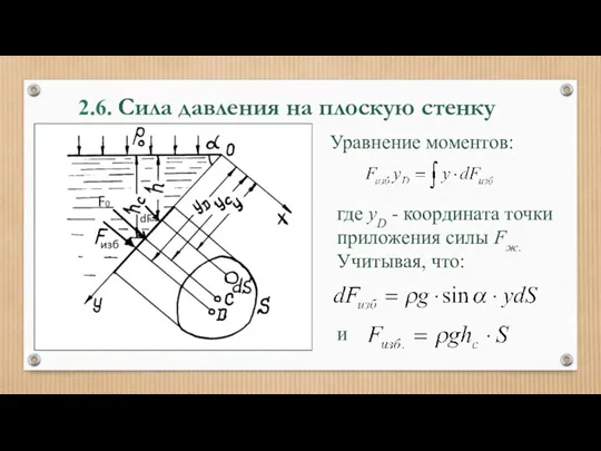 2.6. Сила давления на плоскую стенку Уравнение моментов: где yD