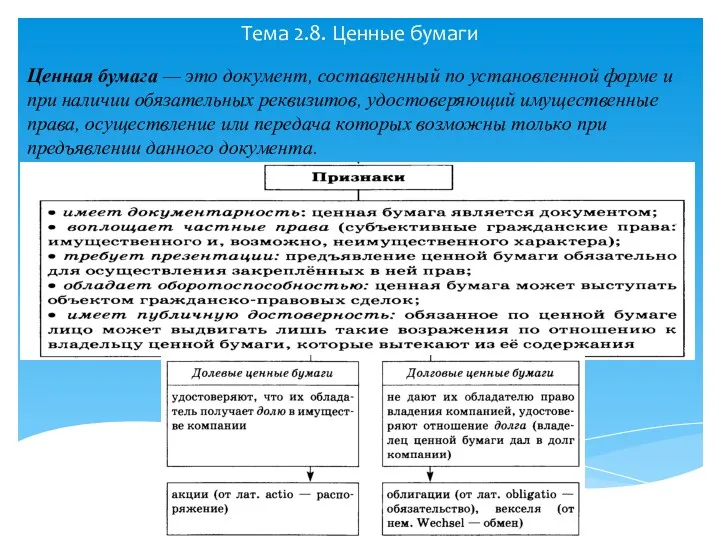 Тема 2.8. Ценные бумаги Ценная бумага — это документ, составленный