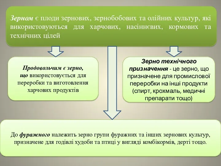 Зерном є плоди зернових, зернобобових та олійних культур, які використовуються