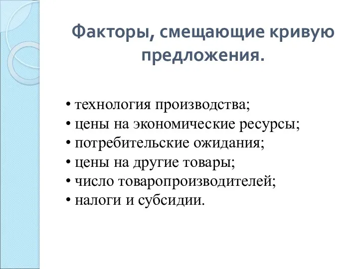 Факторы, смещающие кривую предложения. технология производства; цены на экономические ресурсы;