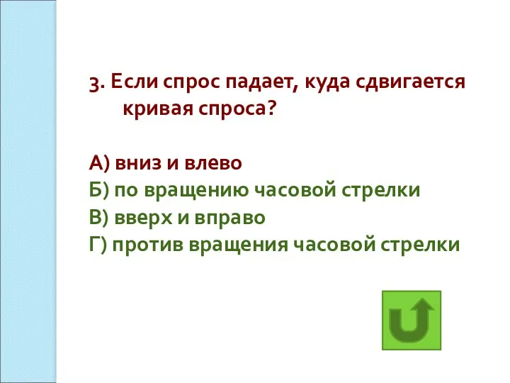 3. Если спрос падает, куда сдвигается кривая спроса? А) вниз