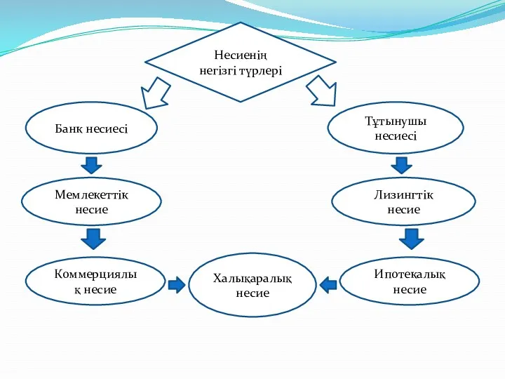 Несиенің негізгі түрлері Банк несиесі Мемлекеттік несие Коммерциялық несие Тұтынушы