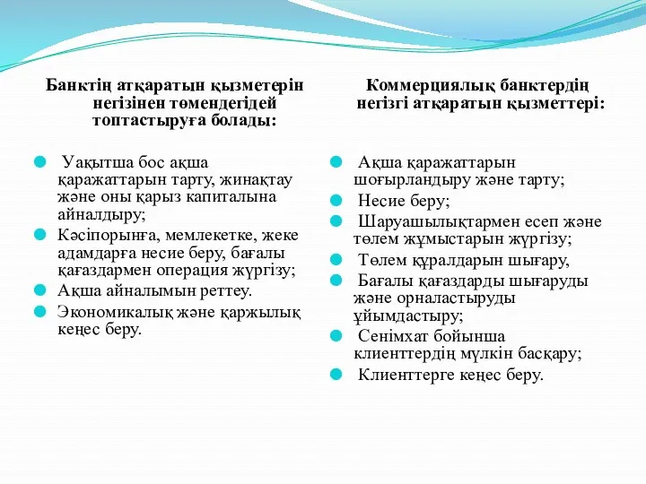 Банктің атқаратын қызметерін негізінен төмендегідей топтастыруға болады: Уақытша бос ақша