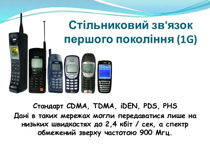 Стільниковий зв'язок першого покоління (1G) Стандарт CDMA, TDMA, iDEN, PDS,