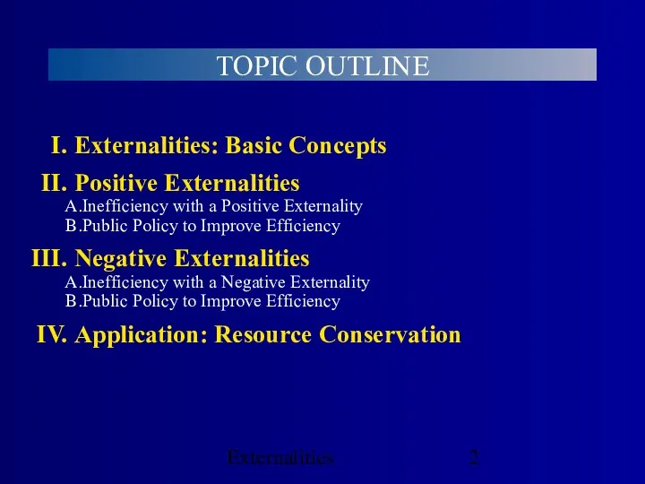 Externalities TOPIC OUTLINE Externalities: Basic Concepts Positive Externalities Inefficiency with a Positive Externality