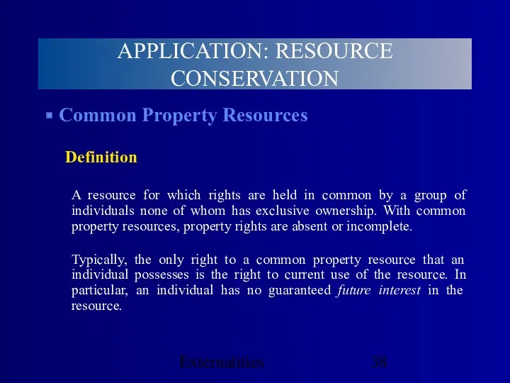 Externalities Common Property Resources Definition A resource for which rights are held in