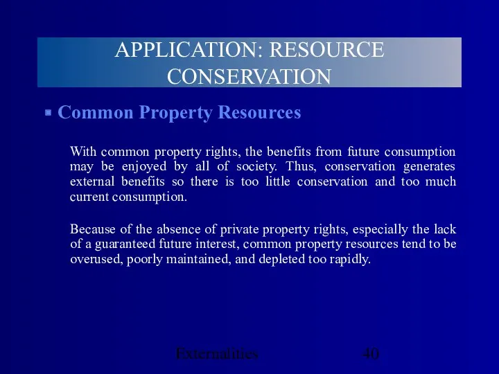 Externalities Common Property Resources With common property rights, the benefits from future consumption