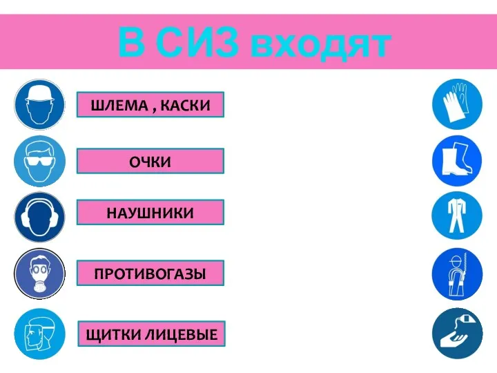 В СИЗ входят 4 ШЛЕМА , КАСКИ ОЧКИ НАУШНИКИ ПРОТИВОГАЗЫ ЩИТКИ ЛИЦЕВЫЕ