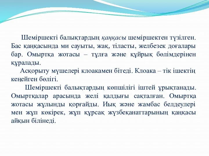 Шеміршекті балықтардың қаңқасы шеміршектен түзілген. Бас қаңқасында ми сауыты, жақ,