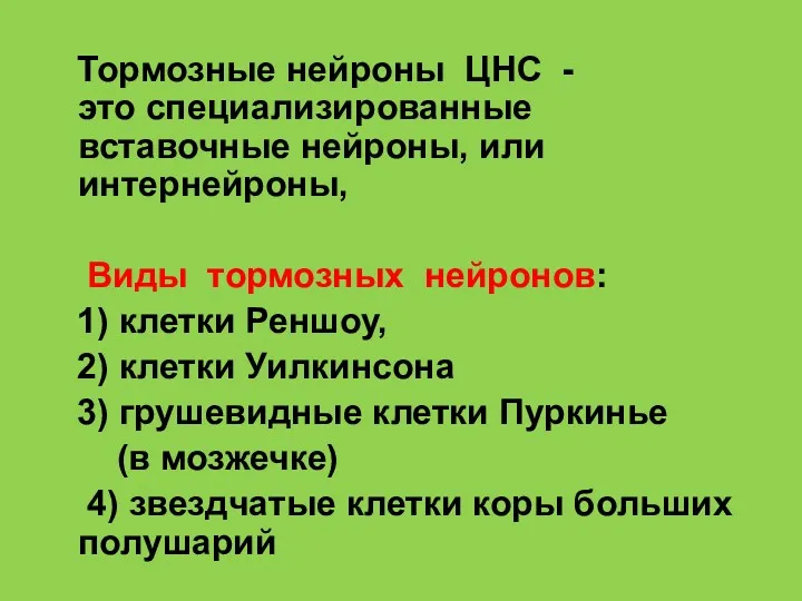 Тормозные нейроны ЦНС - это специализированные вставочные нейроны, или интернейроны,