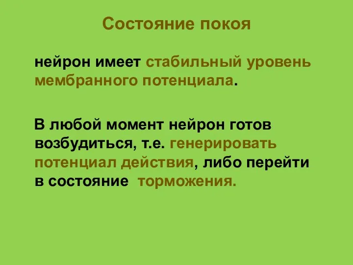 Состояние покоя нейрон имеет стабильный уровень мембранного потенциала. В любой