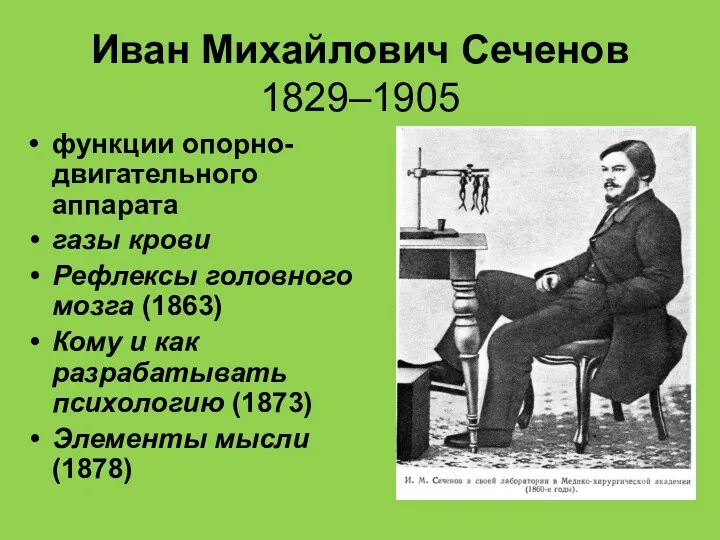 Иван Михайлович Сеченов 1829–1905 функции опорно-двигательного аппарата газы крови Рефлексы