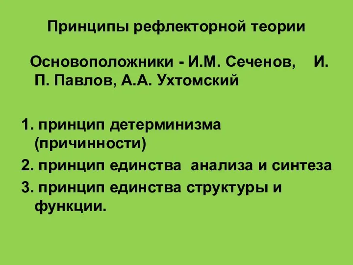 Основоположники - И.М. Сеченов, И.П. Павлов, А.А. Ухтомский 1. принцип