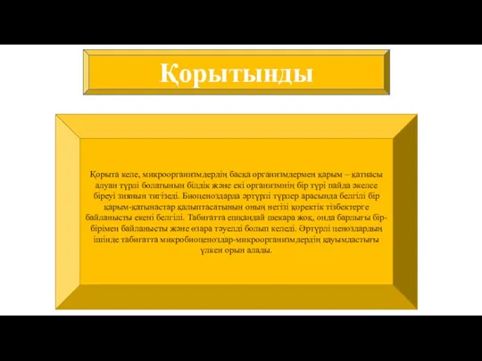 Қорытынды Қорыта келе, микроорганизмдердің басқа организмдермен қарым – қатнасы алуан