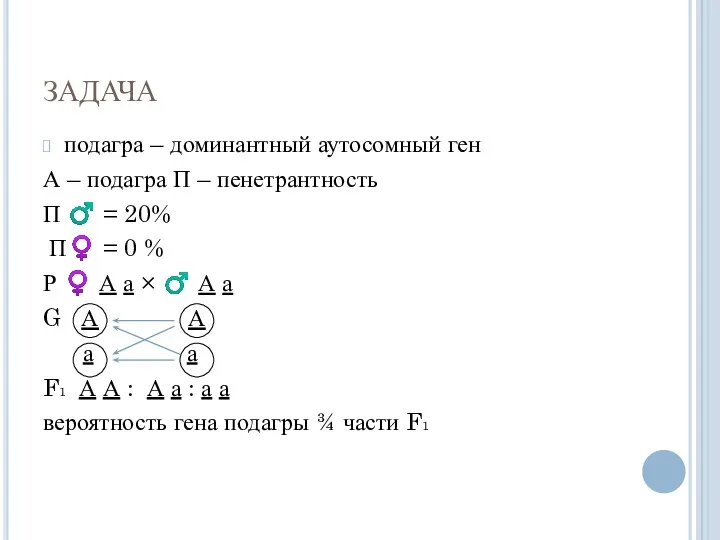 ЗАДАЧА подагра – доминантный аутосомный ген А – подагра П