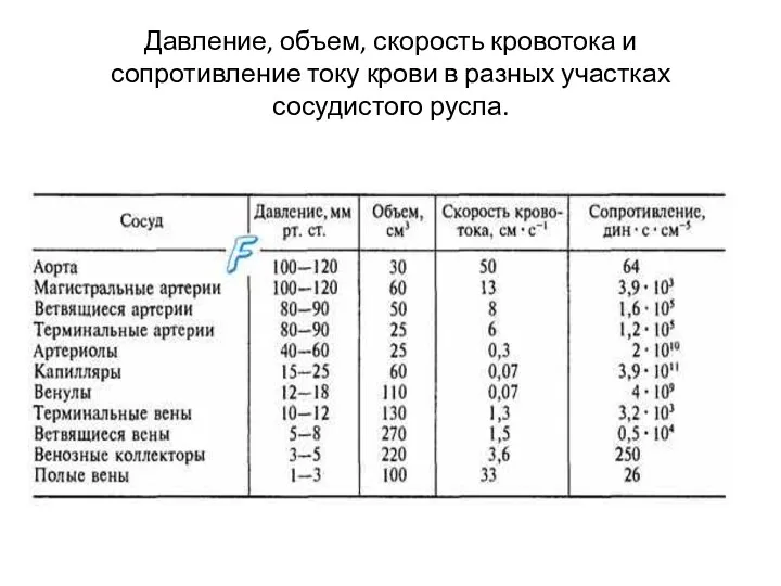 Давление, объем, скорость кровотока и сопротивление току крови в разных участках сосудистого русла.