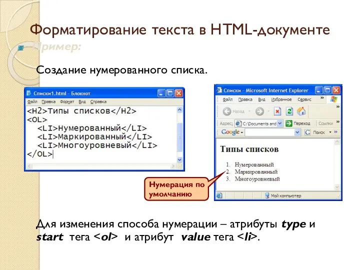 Форматирование текста в HTML-документе Создание нумерованного списка. Для изменения способа