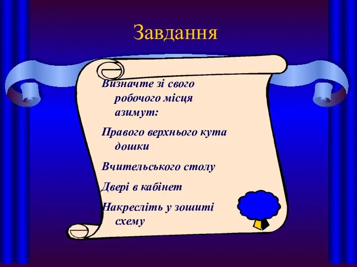 Завдання Визначте зі свого робочого місця азимут: Правого верхнього кута