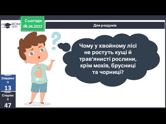 04.04.2022 Сьогодні Для роздумів Чому у хвойному лісі не ростуть