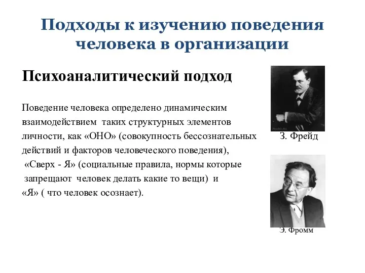 Подходы к изучению поведения человека в организации Психоаналитический подход Поведение