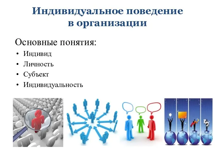 Индивидуальное поведение в организации Основные понятия: Индивид Личность Субъект Индивидуальность