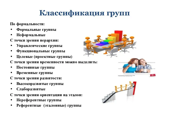 Классификация групп По формальности: Формальные группы Неформальные С точки зрения иерархии: Управленческие группы