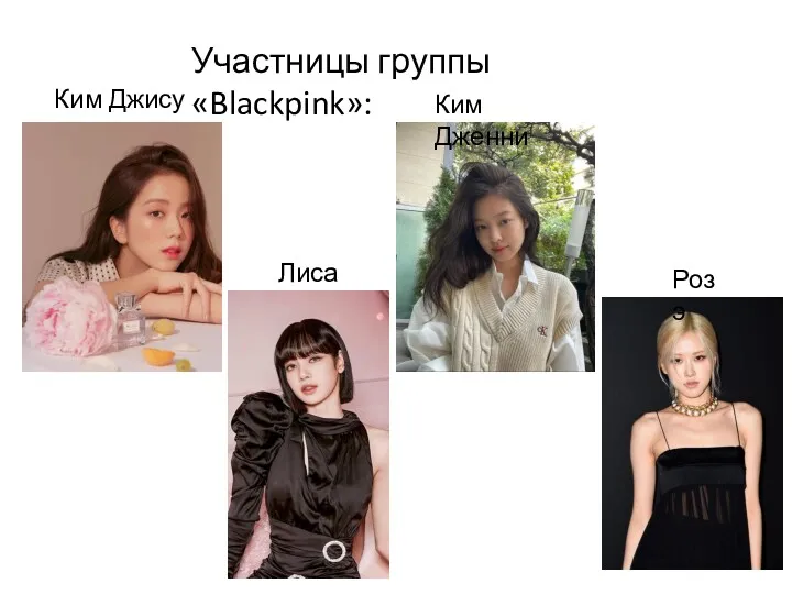 Участницы группы «Blackpink»: Ким Джису Ким Дженни Лиса Розэ