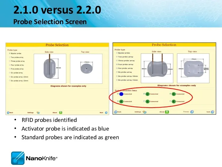 2.1.0 versus 2.2.0 Probe Selection Screen RFID probes identified Activator