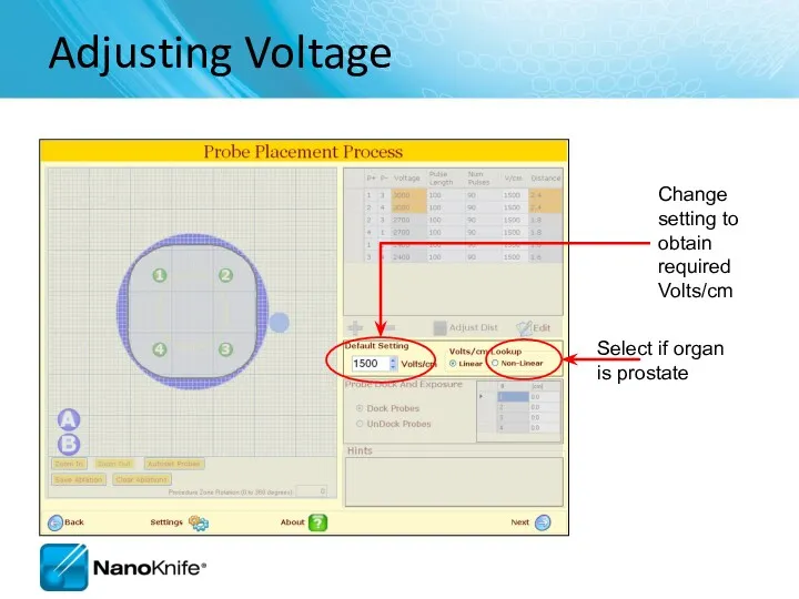 Adjusting Voltage Change setting to obtain required Volts/cm
