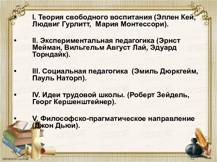 I. Теория свободного воспитания (Эллен Кей, Людвиг Гурлитт, Мария Монтессори).