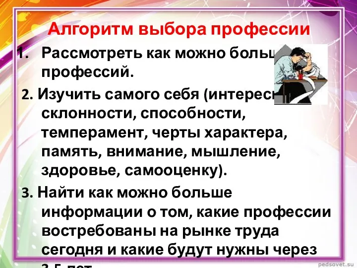 Алгоритм выбора профессии Рассмотреть как можно больше профессий. 2. Изучить