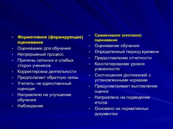 Формативное (формирующее) оценивание Оценивание для обучения Непрерывный процесс Причины сильных