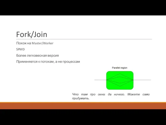 Fork/Join Похож на Master/Worker SPMD Более легковесная версия Применяется к