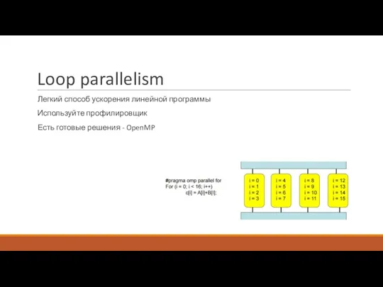 Loop parallelism Легкий способ ускорения линейной программы Используйте профилировщик Есть готовые решения - OpenMP