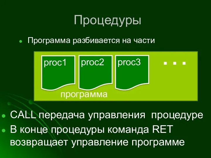 Процедуры Программа разбивается на части CALL передача управления процедуре В