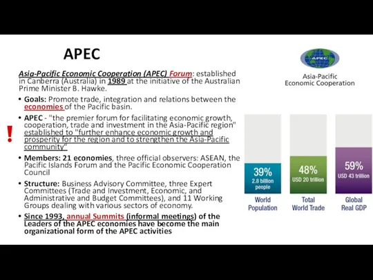 APEC Asia-Pacific Economic Cooperation (APEC) Forum: established in Canberra (Australia) in 1989 at
