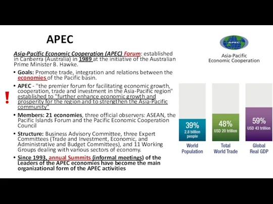 APEC Asia-Pacific Economic Cooperation (APEC) Forum: established in Canberra (Australia)