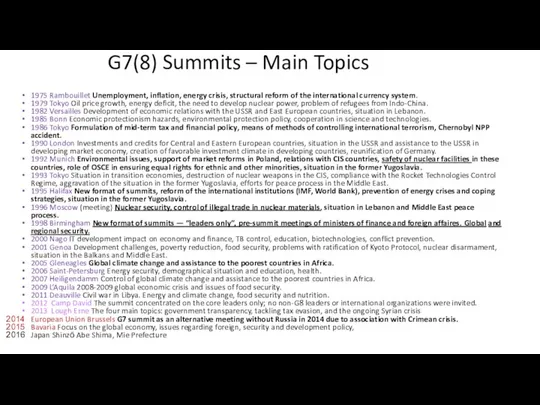 G7(8) Summits – Main Topics 1975 Rambouillet Unemployment, inflation, energy crisis, structural reform