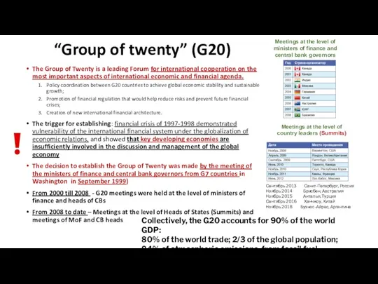 “Group of twenty” (G20) The Group of Twenty is a