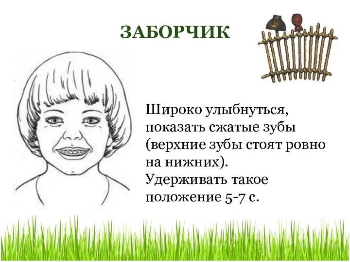 ЗАБОРЧИК Широко улыбнуться, показать сжатые зубы (верхние зубы стоят ровно