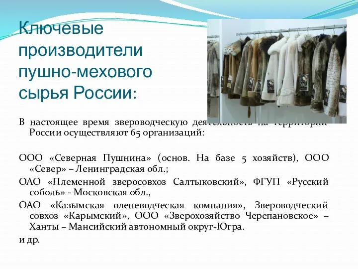 Ключевые производители пушно-мехового сырья России: В настоящее время звероводческую деятельность на территории России