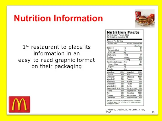 O’Malley, Ouellette, Plourde, & Roy 2009 Nutrition Information 1st restaurant