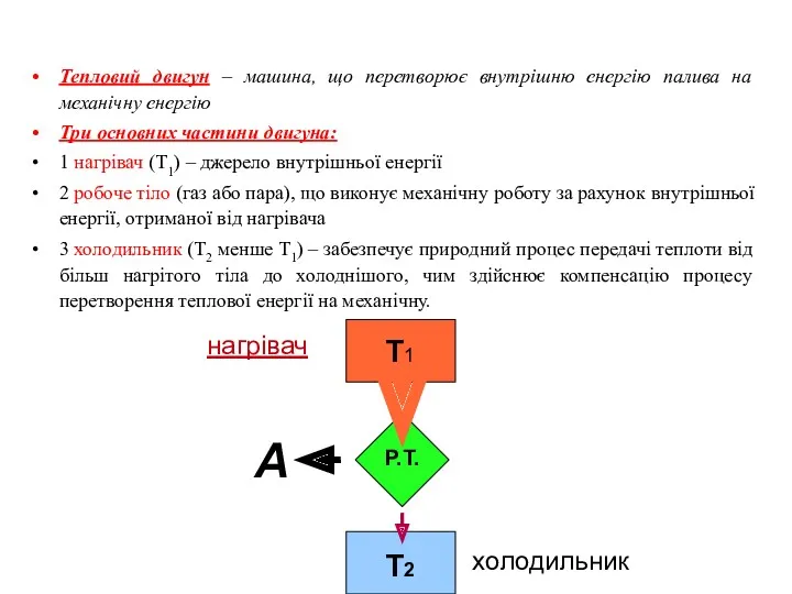 Тепловий двигун – машина, що перетворює внутрішню енергію палива на