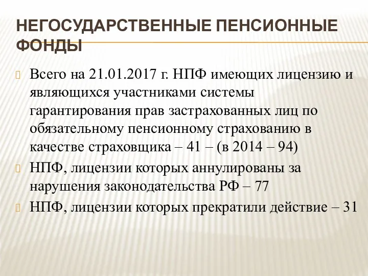 НЕГОСУДАРСТВЕННЫЕ ПЕНСИОННЫЕ ФОНДЫ Всего на 21.01.2017 г. НПФ имеющих лицензию