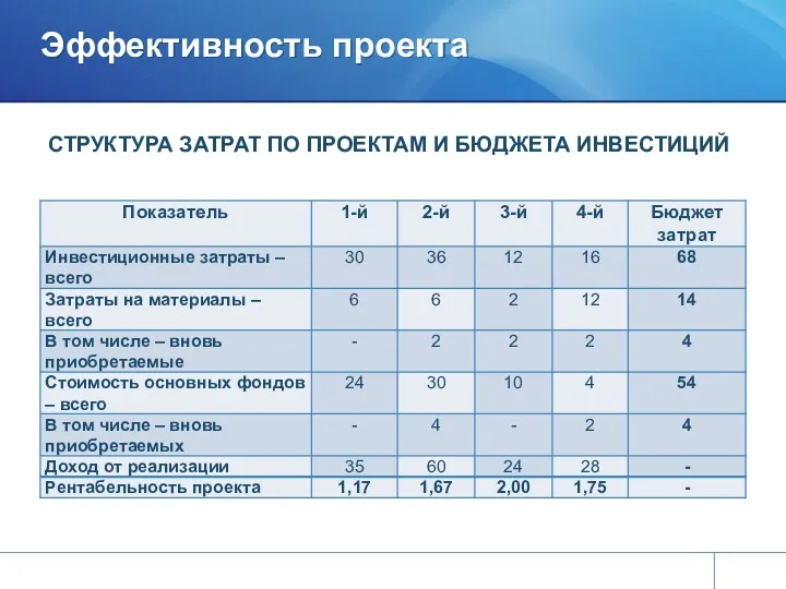 Эффективность проекта СТРУКТУРА ЗАТРАТ ПО ПРОЕКТАМ И БЮДЖЕТА ИНВЕСТИЦИЙ