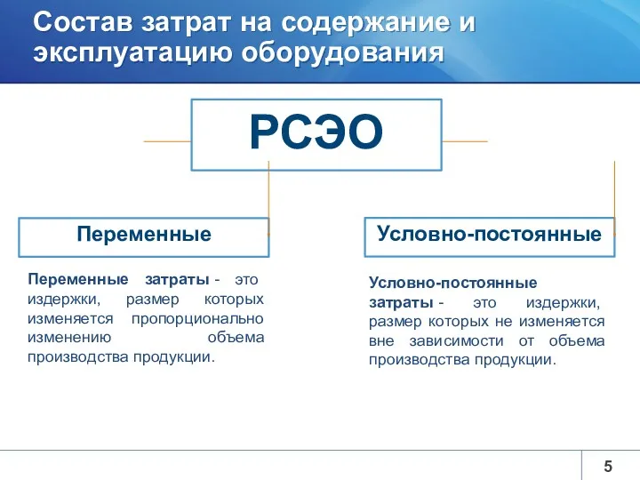 Состав затрат на содержание и эксплуатацию оборудования РСЭО Переменные Условно-постоянные