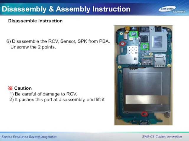 6) Disassemble the RCV, Sensor, SPK from PBA. Unscrew the